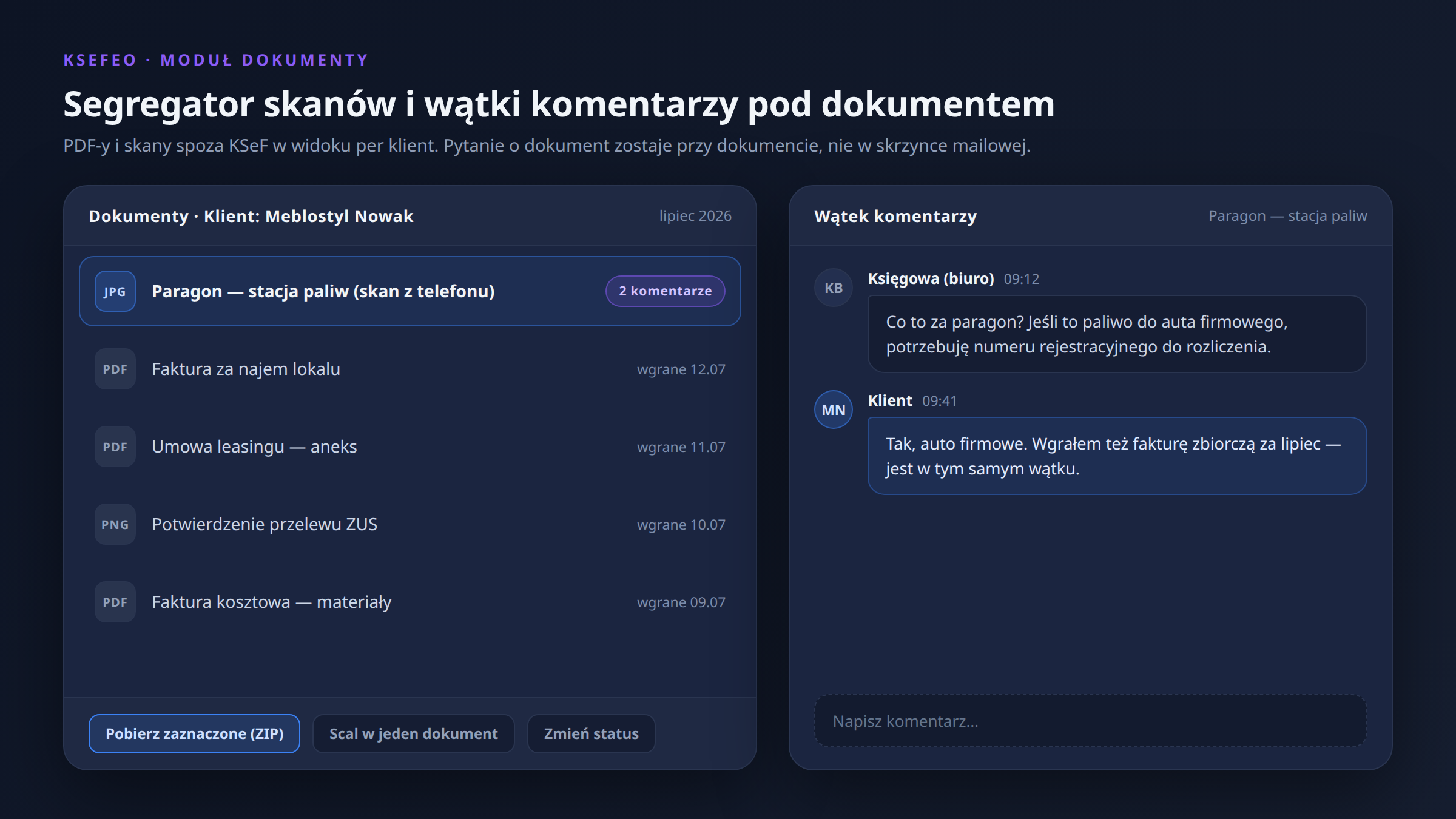 Moduł Dokumenty w KSeFEO - segregator skanów i komentarze pod dokumentem