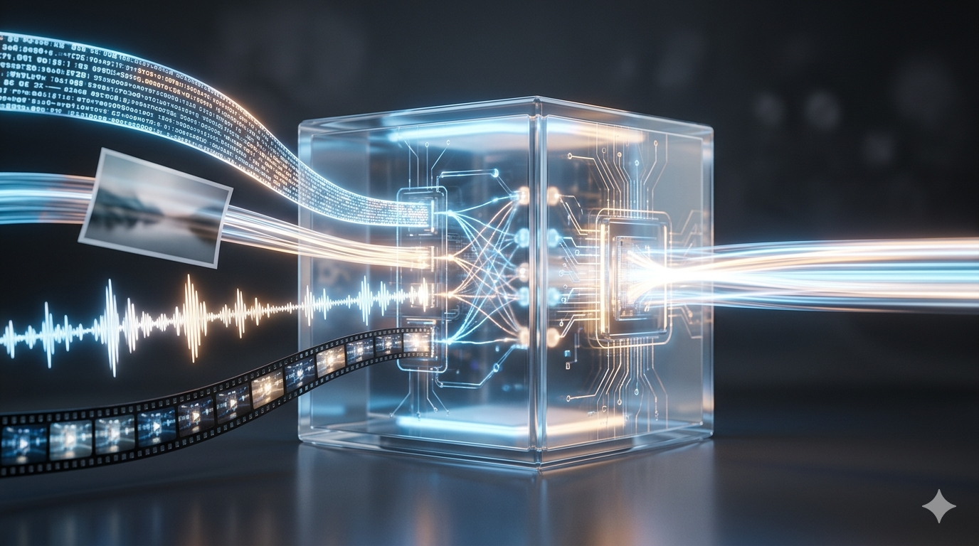 Schemat multimodalnego modelu AI Gemini Omni Flash — różne typy danych wejściowych prowadzą do jednego modelu